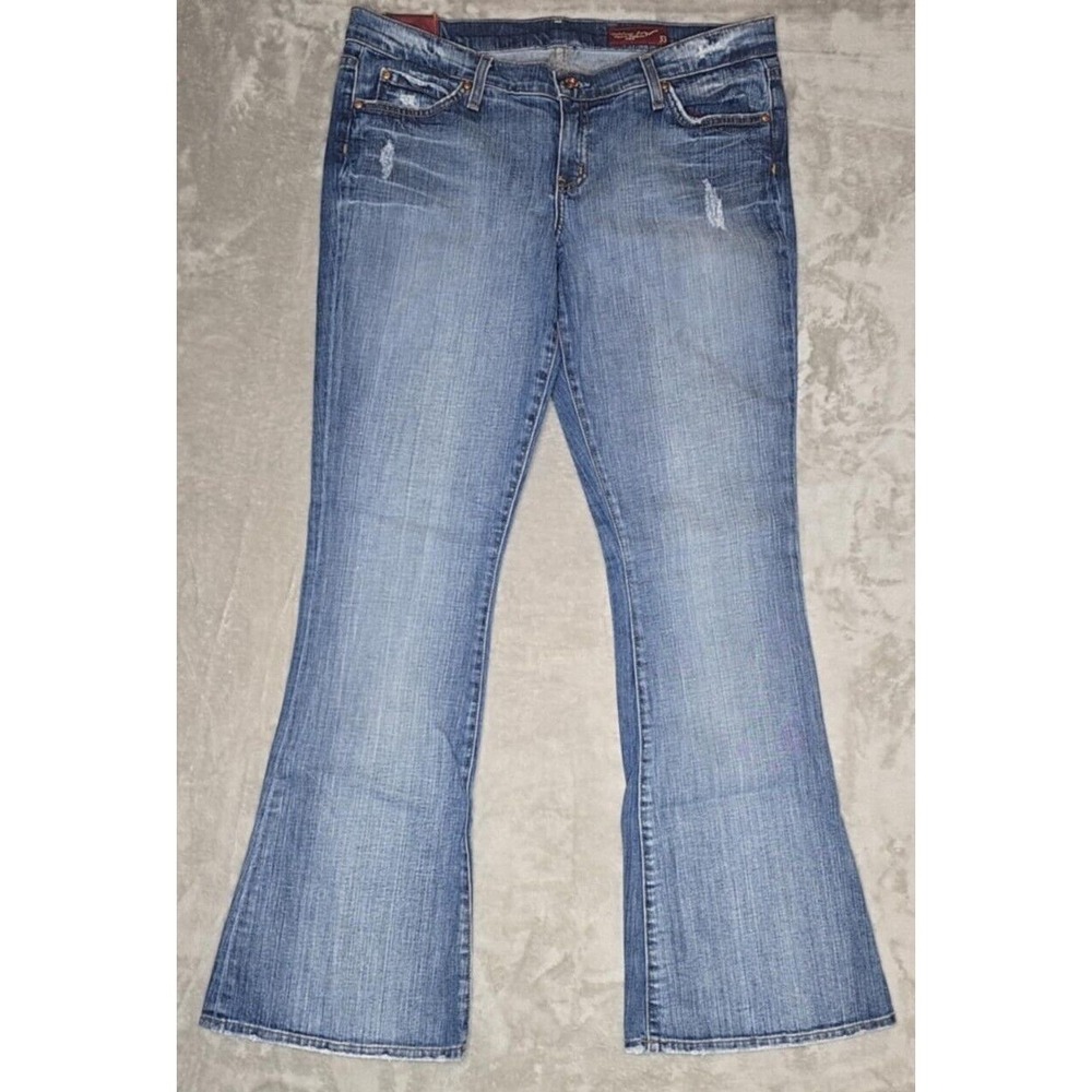 Blue 2 Flare leg Jeans Women's‎ Low Rise Medium Wash Stretch Distressed 33